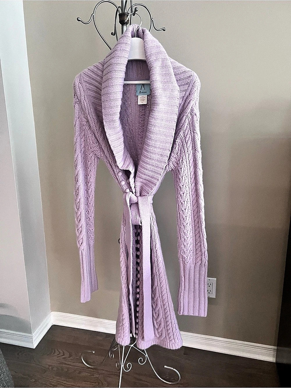 Marciano Cable Knit Belted Cardigan in Purple Size Medium Like New